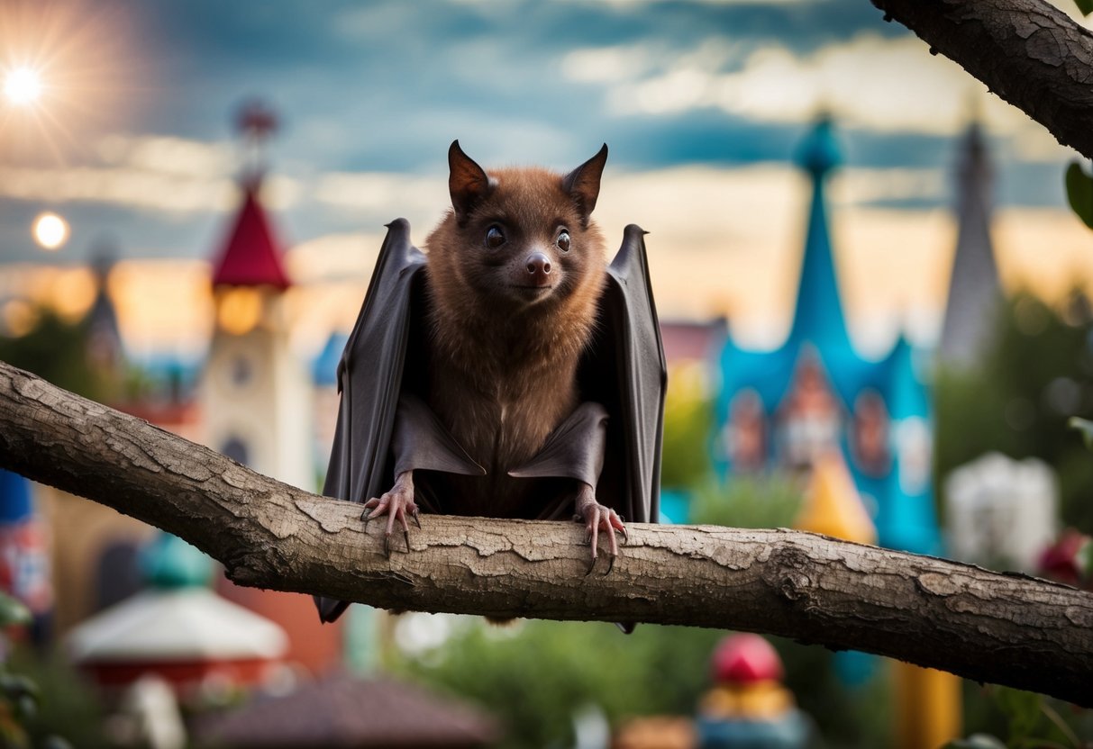 A bat perched on a tree branch, surrounded by various objects and landmarks, with a thoughtful expression on its face