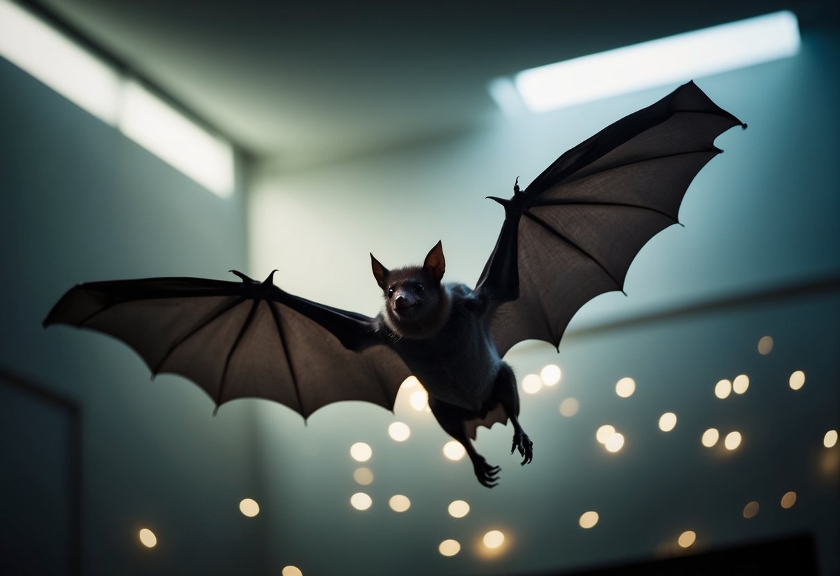 A bat swoops through a dimly lit room, its wings outstretched as it gracefully maneuvers around the space