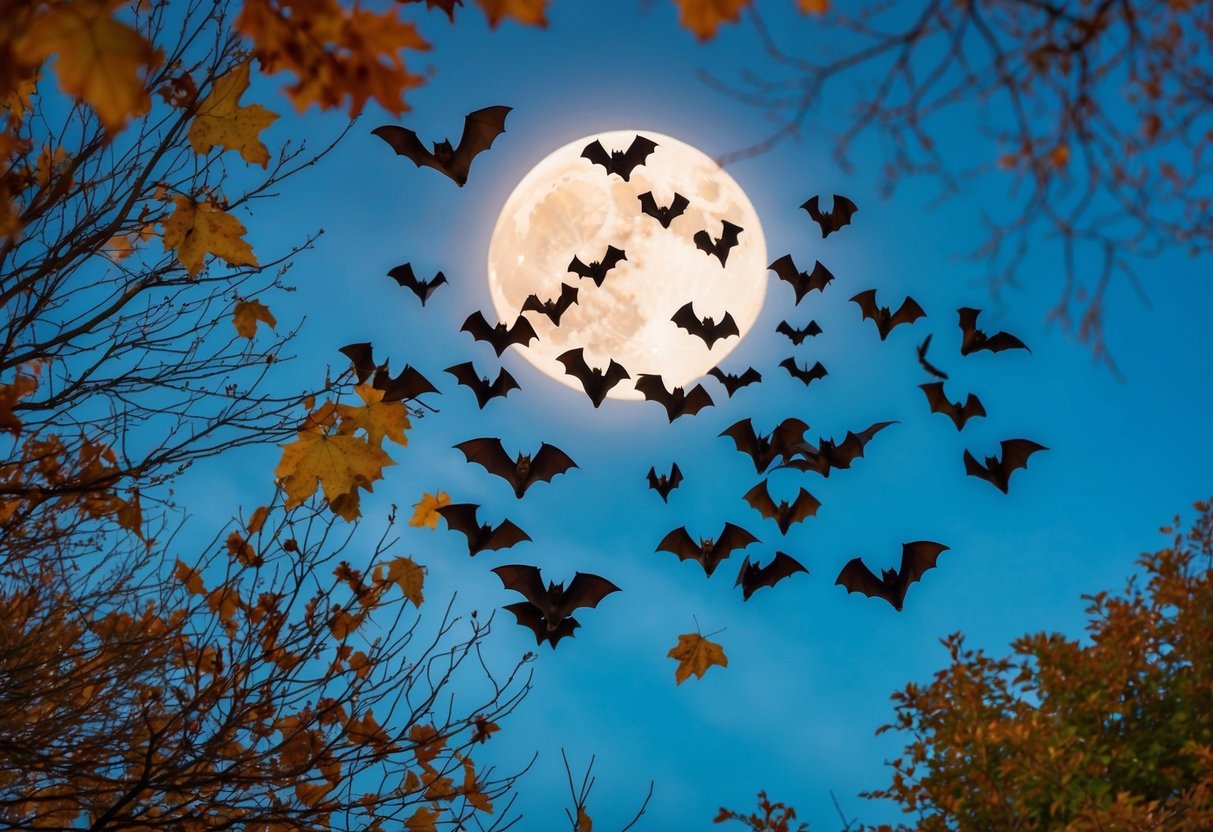 Bats swarm around a moonlit sky amid autumn leaves and bare branches