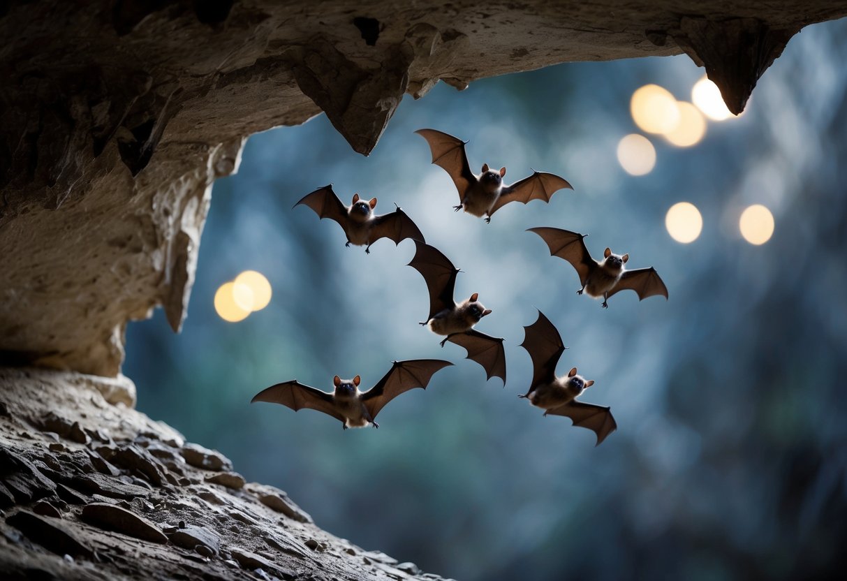 A group of bats flying to a cave entrance, returning to their nesting place for the year