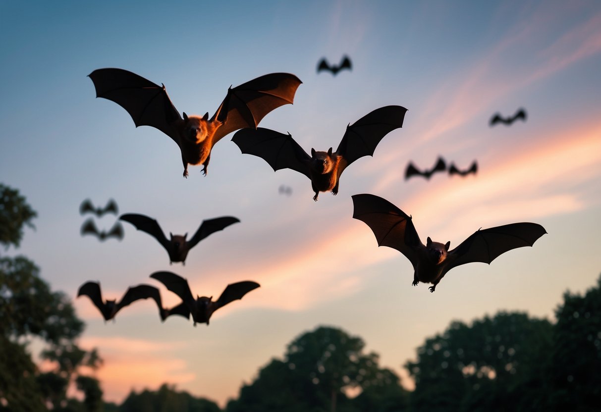 Bats flying and roosting in a forest at dusk