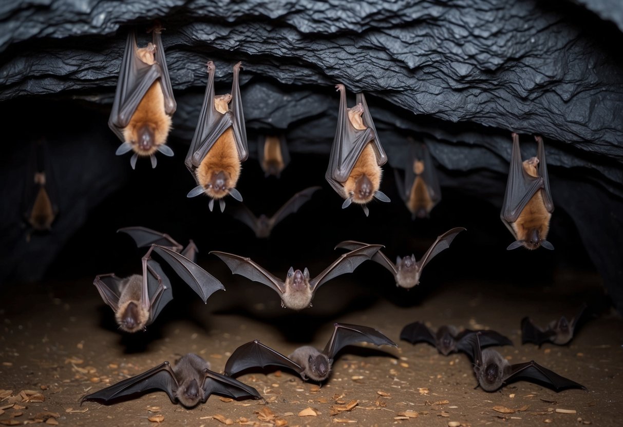 A colony of bats roosting in a dark cave, with several bats hanging upside down from the ceiling and others flying in and out of the entrance