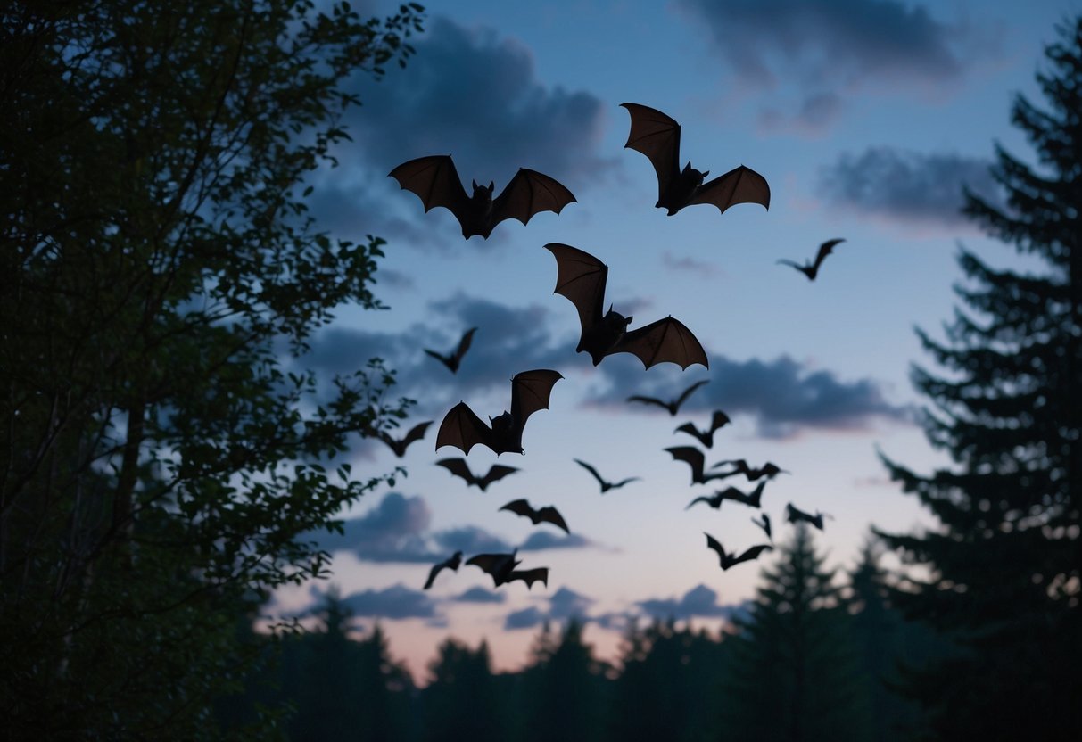 Bats flying at dusk in a forest, surrounded by trees and a darkening sky