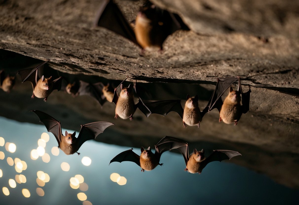 A group of bats returning to a familiar cave, navigating through the darkness to find their usual nesting spots