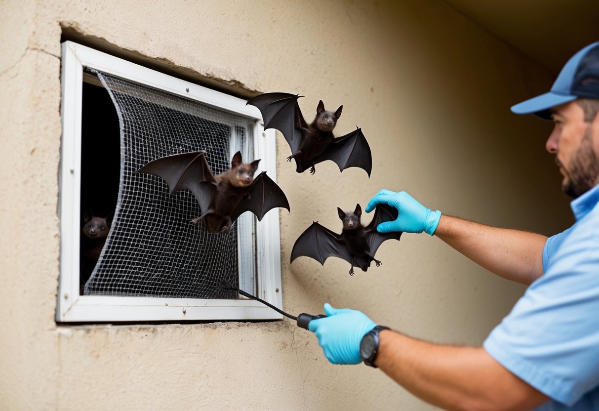 Bats flying out of a hole in the wall, while a person seals the entrance with a mesh screen