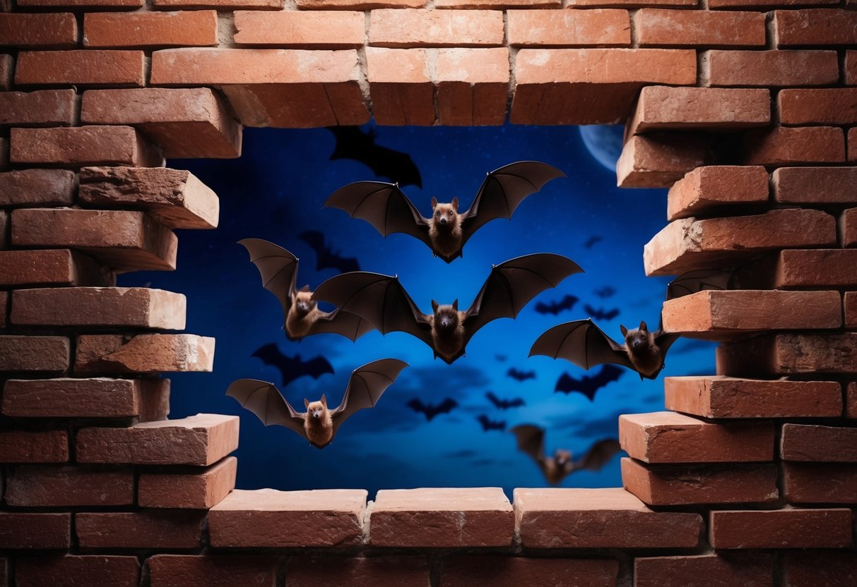 Bats breaking through a brick wall at night