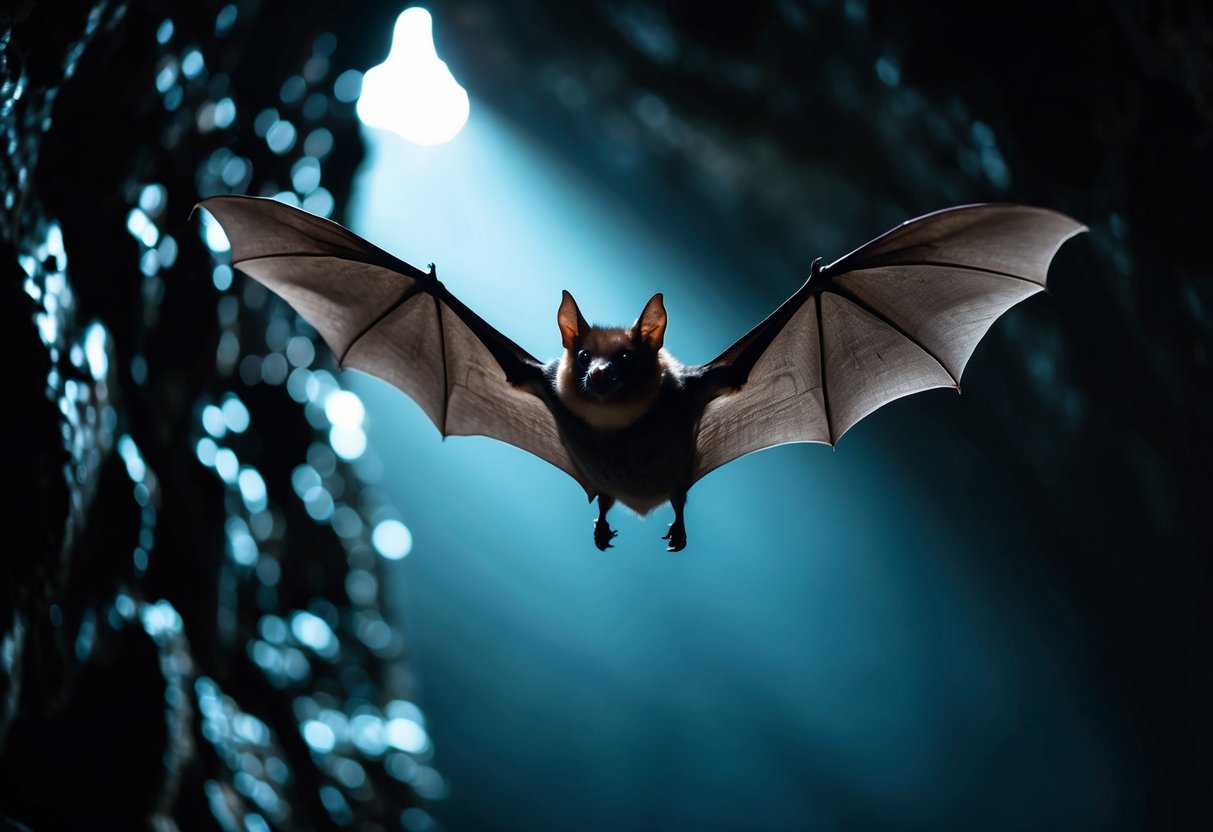 A bat flying through a dark cave, using echolocation to navigate and avoid obstacles, including walls