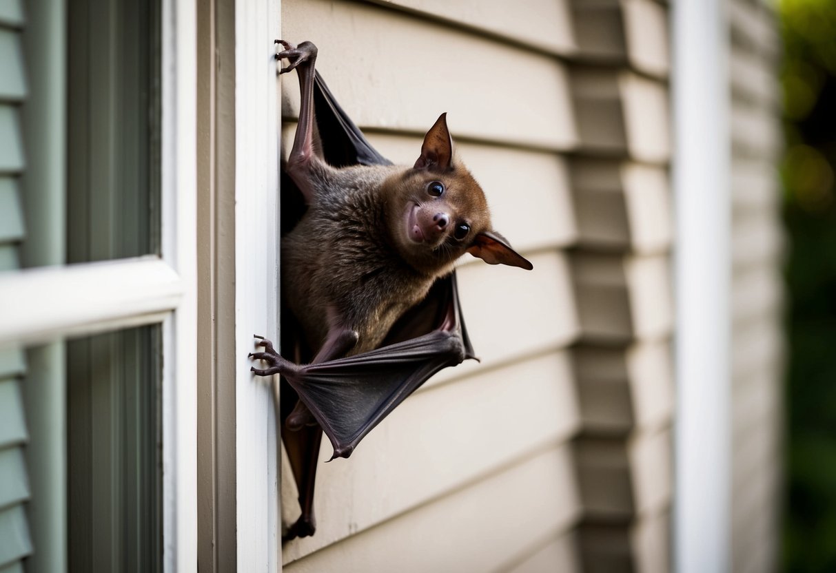 A bat clinging to the outside of a house, attempting to squeeze through a small crack in the wall