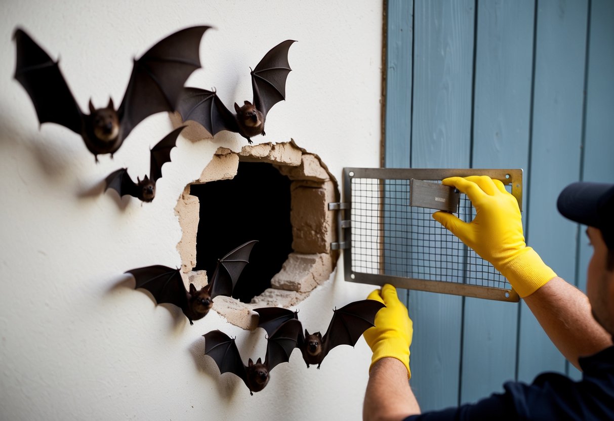 Bats flying out of a hole in the wall, while a professional seals the entry point with a metal mesh