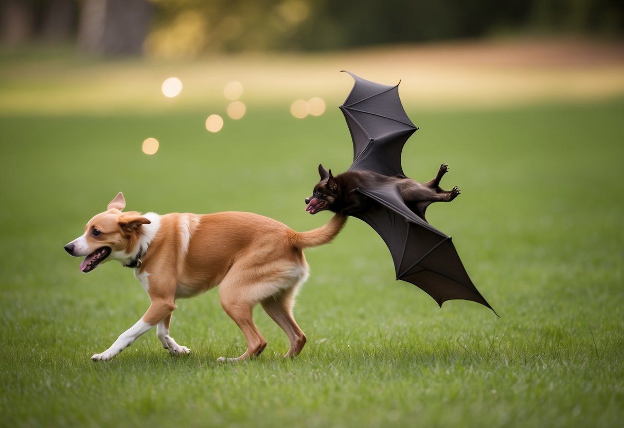 A bat swoops down and bites a dog's tail