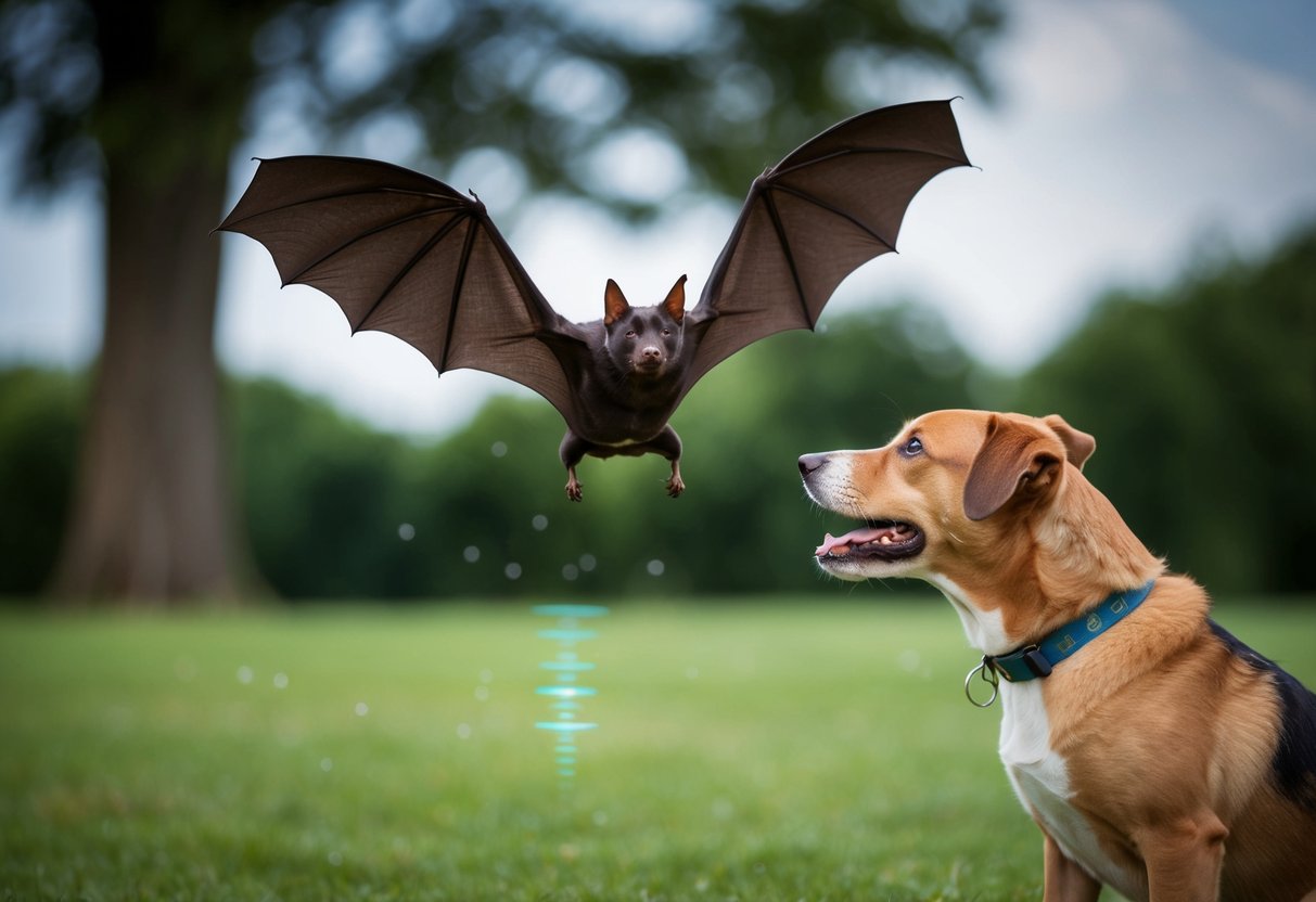 A bat hovers near a curious dog, its wings spread wide as it emits high-pitched sonar signals to navigate