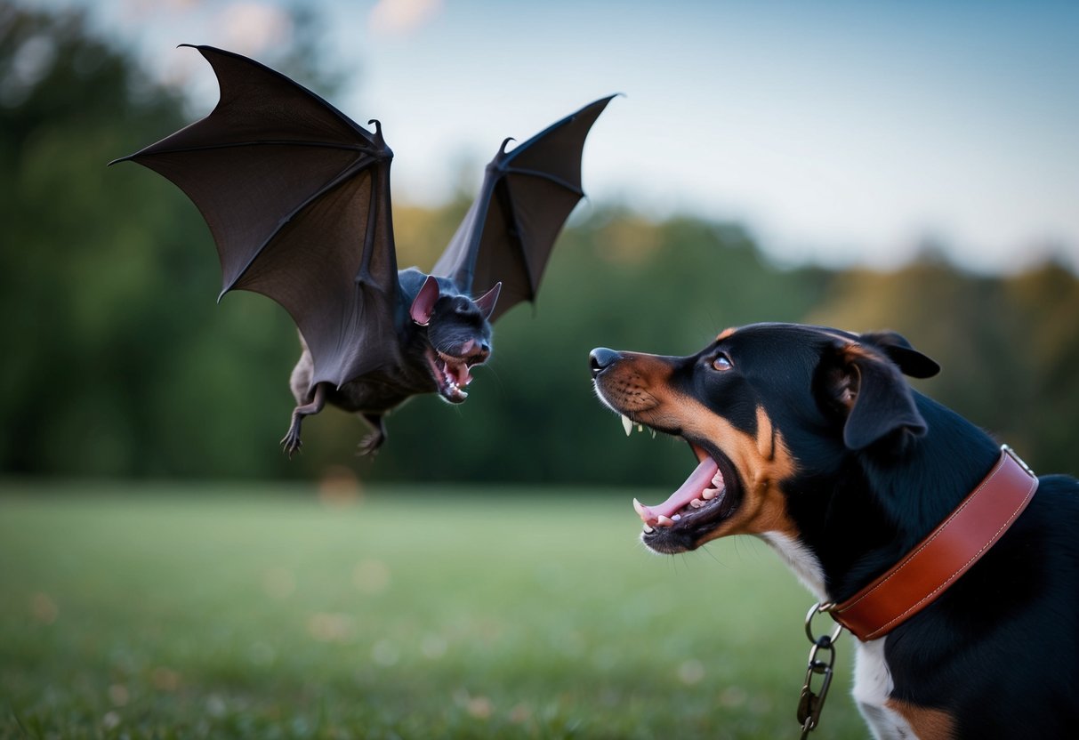 A bat hovers near a barking dog, its sharp teeth visible