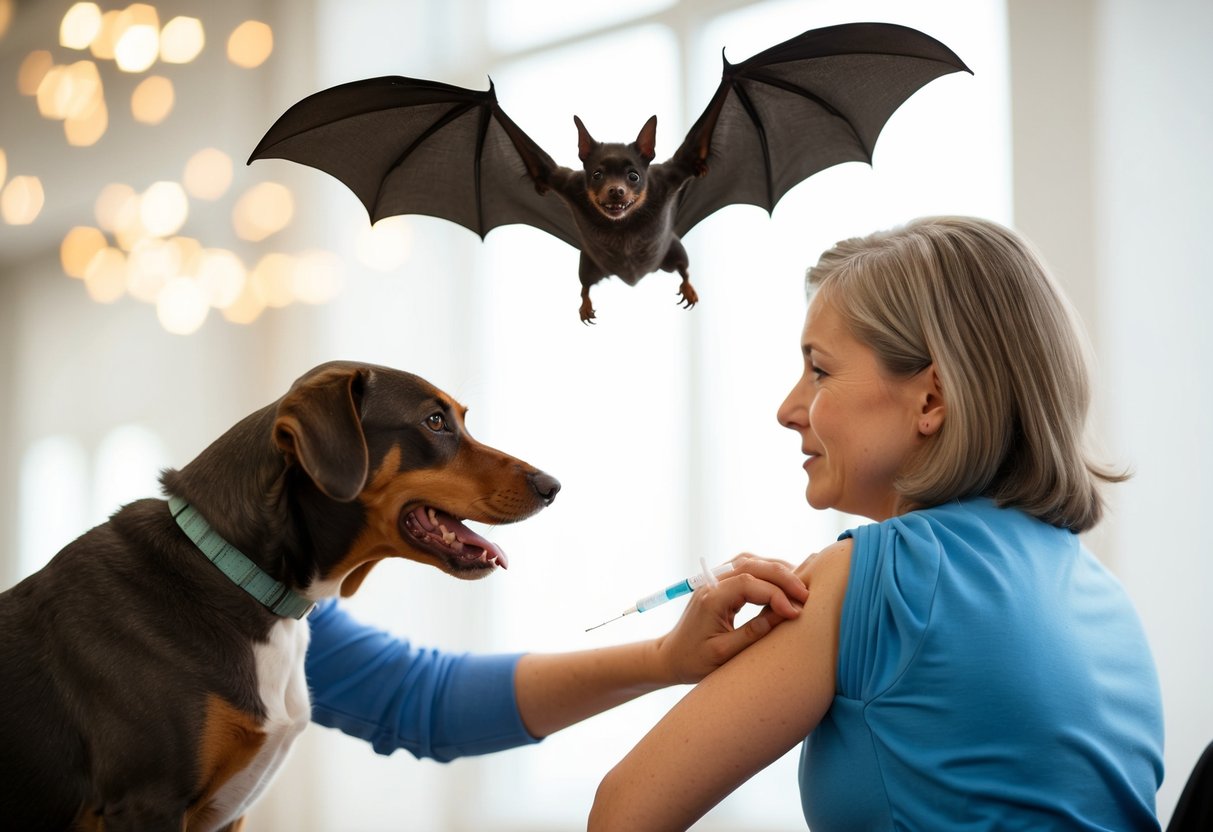 A bat flying above a dog receiving a vaccination shot