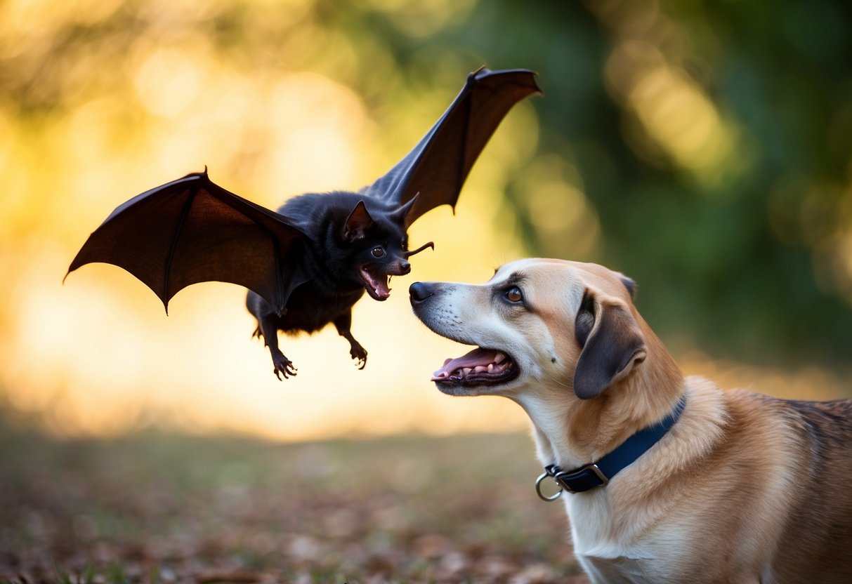 A bat hovers near a curious dog, its sharp teeth visible