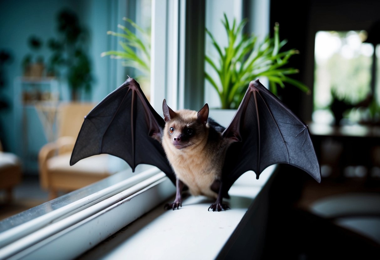 A bat perched on a window sill, with its wings folded and ears perked, while the room is dimly lit with furniture and plants in the background