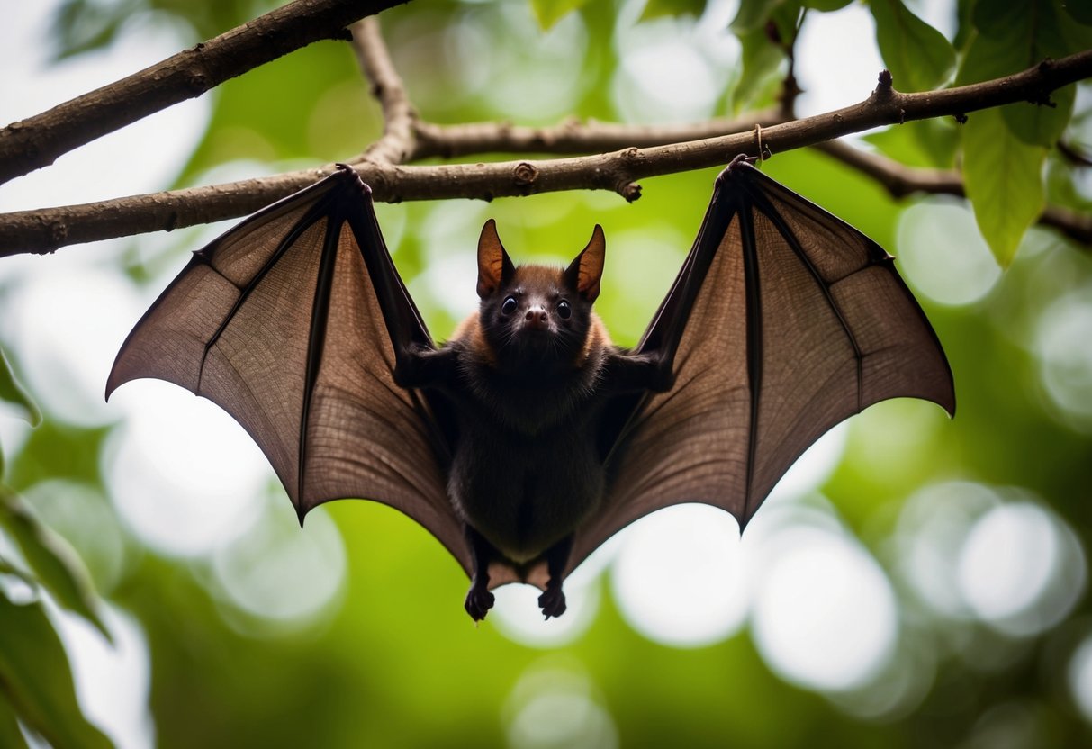A bat hanging upside down from a tree branch, wings spread wide