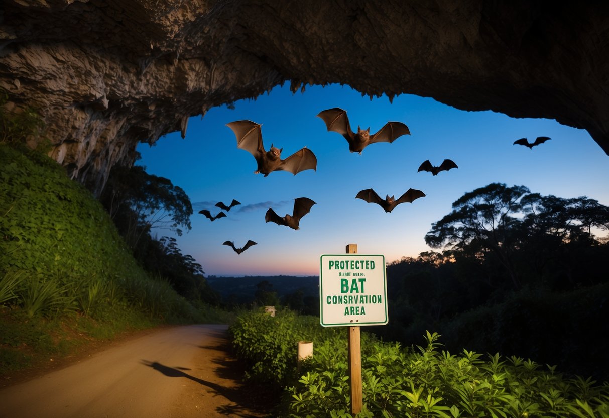 A group of bats flying out of a cave at dusk, surrounded by lush greenery and a sign indicating a protected bat conservation area