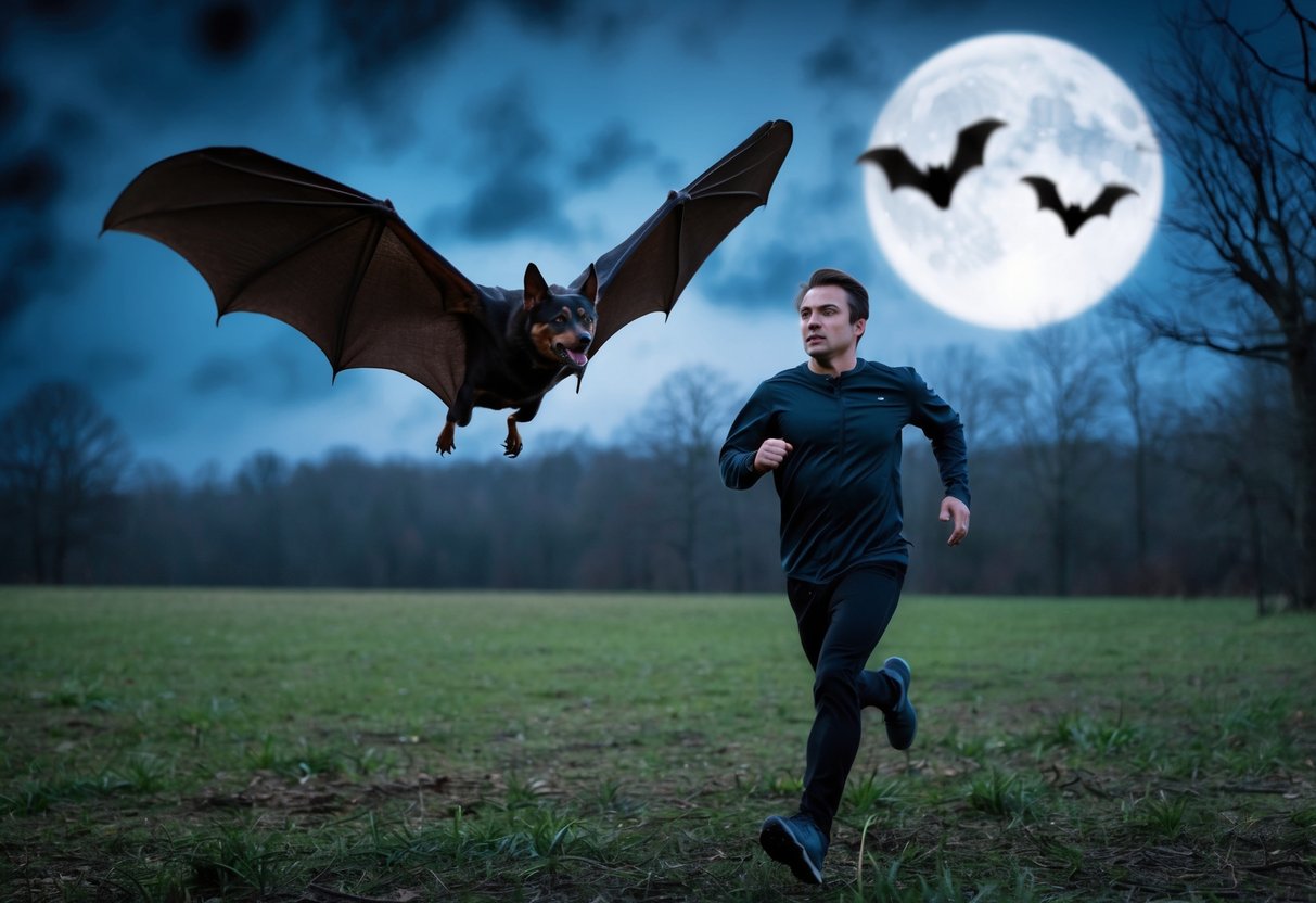 A bat swoops down, wings outstretched, as a person runs through a moonlit forest clearing