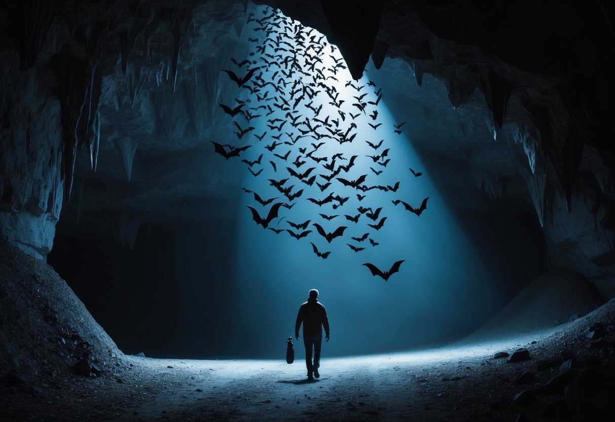 A lone figure walks through a dimly lit cave, surrounded by a flurry of bats swooping and diving above