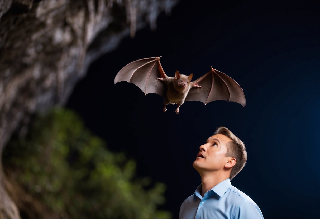 A bat flying out of a dark cave at night, with a concerned person looking up at it