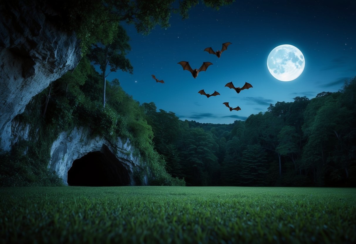 A serene night scene with a lush forest, a cave entrance, and bats flying peacefully in the moonlit sky