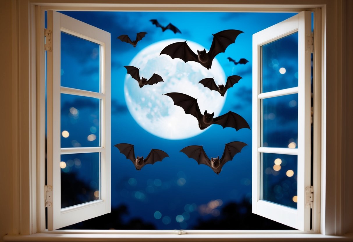 Bats fly through an open window into a moonlit room