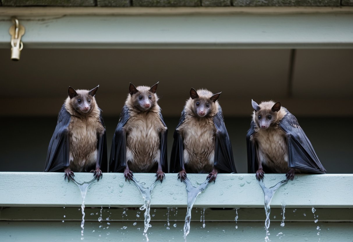 Wet bats huddle together under a sheltered ledge, shaking off water and grooming their fur