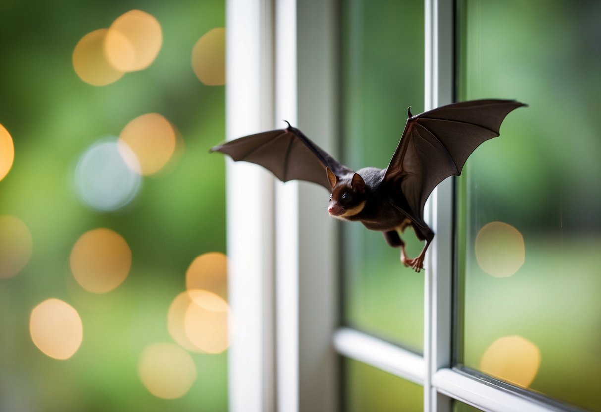 A bat flies through an open window, navigating with precision using echolocation