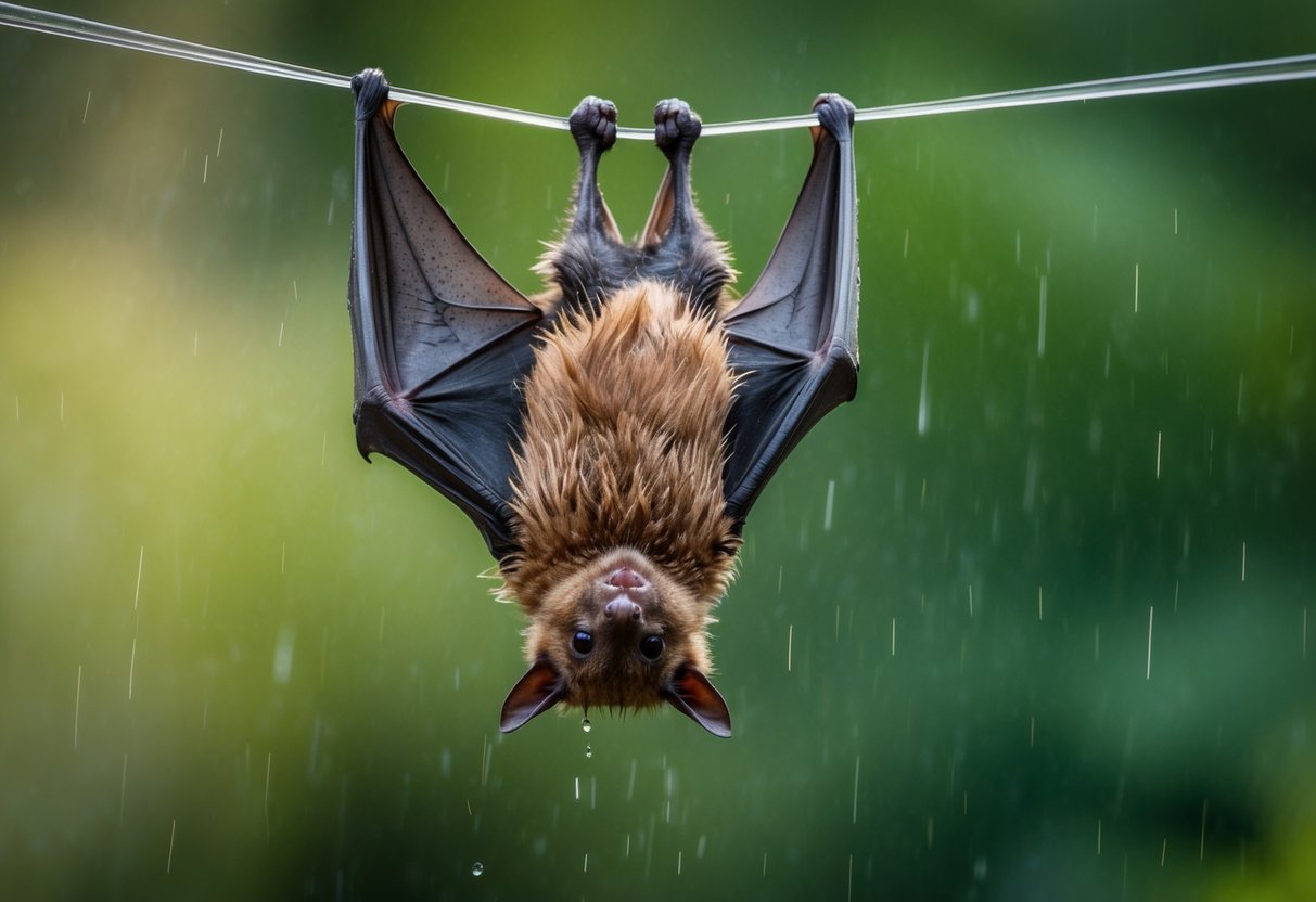 A bat hangs upside down, its fur soaked and clinging to its body. It shakes its wings, trying to dry off and regain its ability to fly