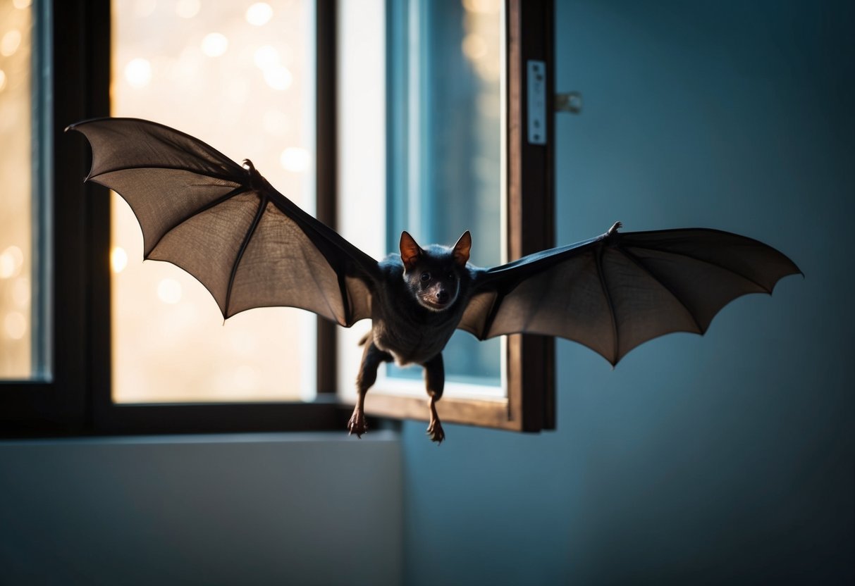 A bat flies through an open window into a dimly lit room, its wings spread wide as it navigates through the space