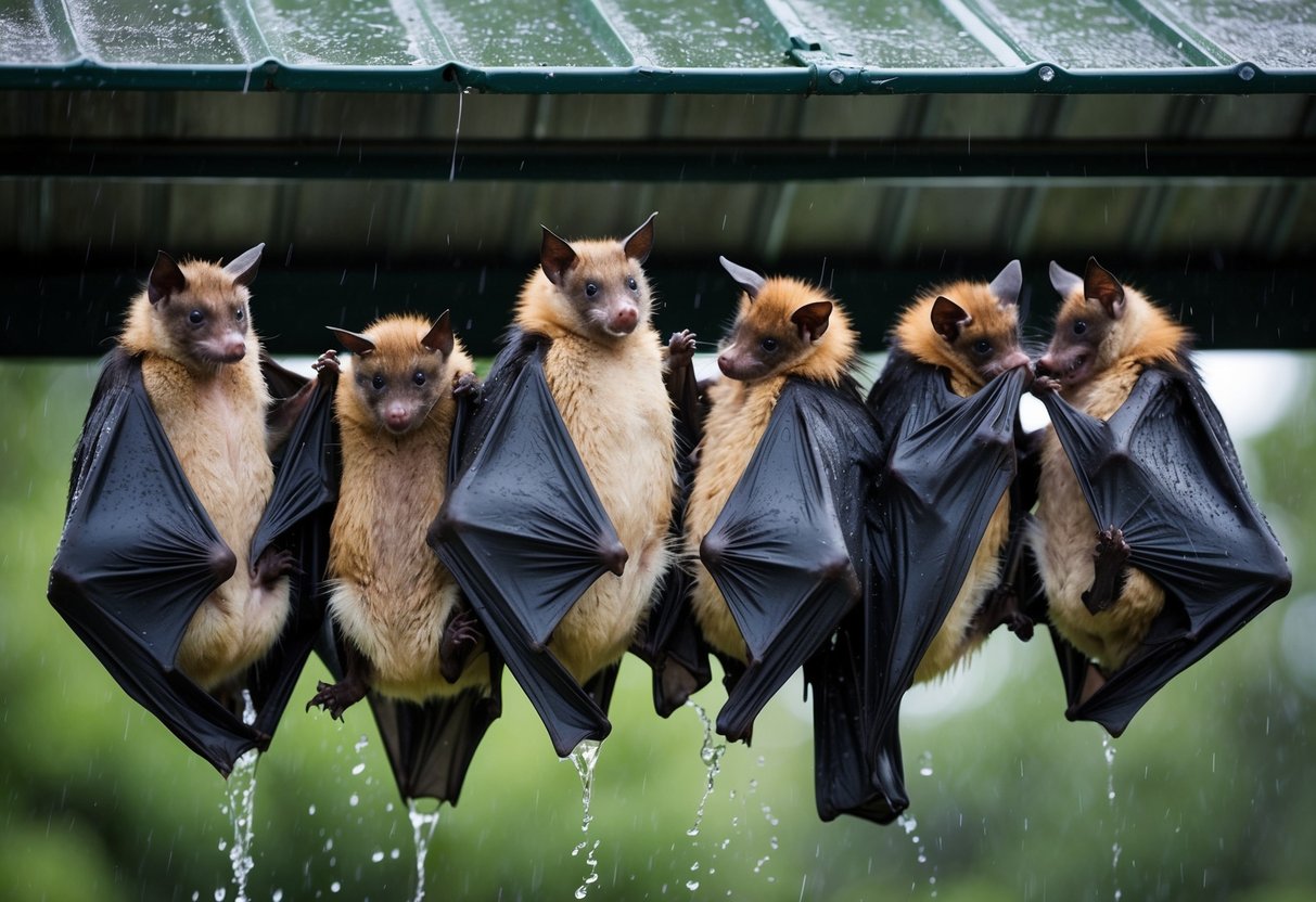 A group of bats huddled together under a shelter, their fur and wings soaked from the rain. Some are shaking off the water, while others are grooming each other