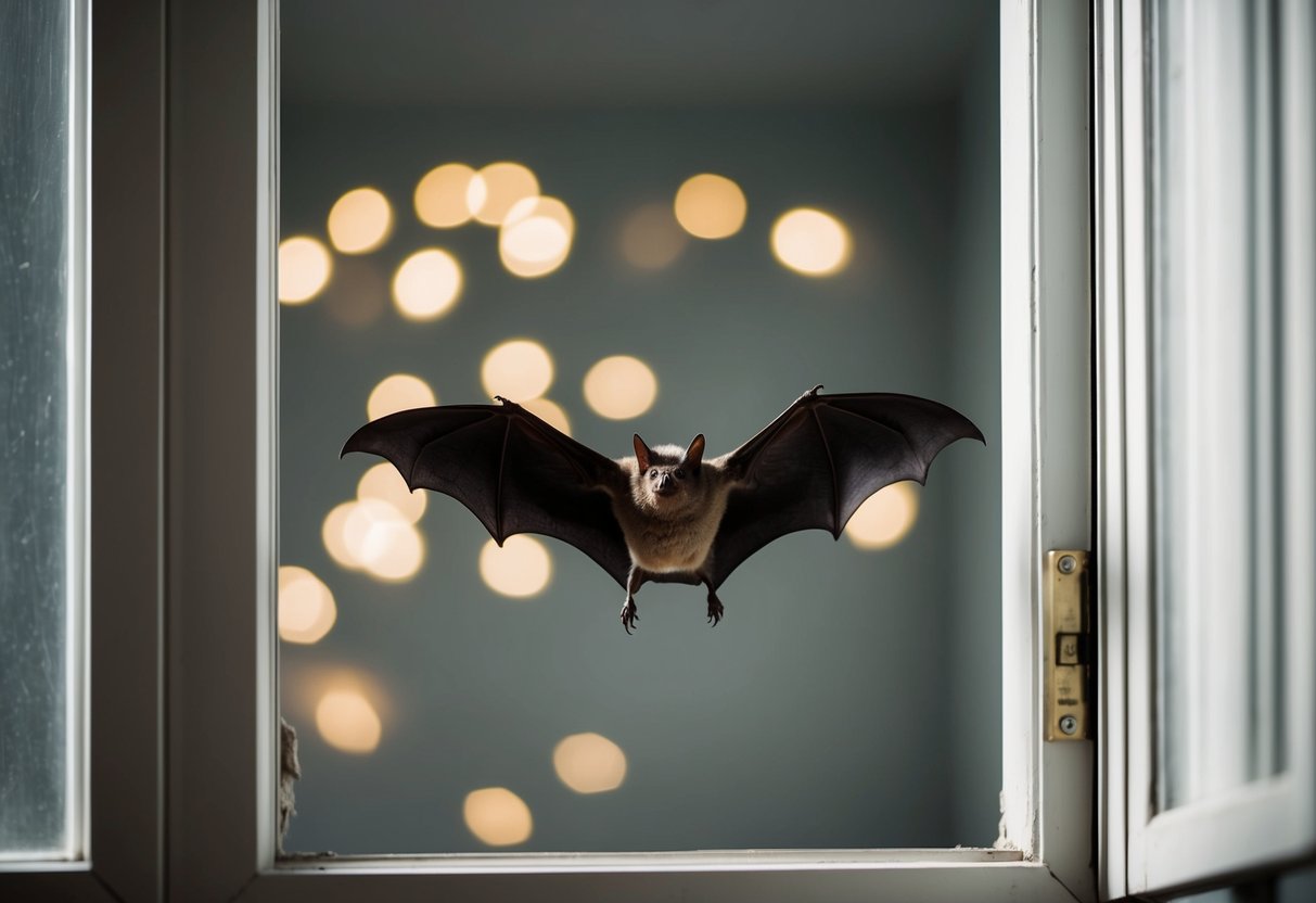 A bat flies through an open window into a dimly lit room