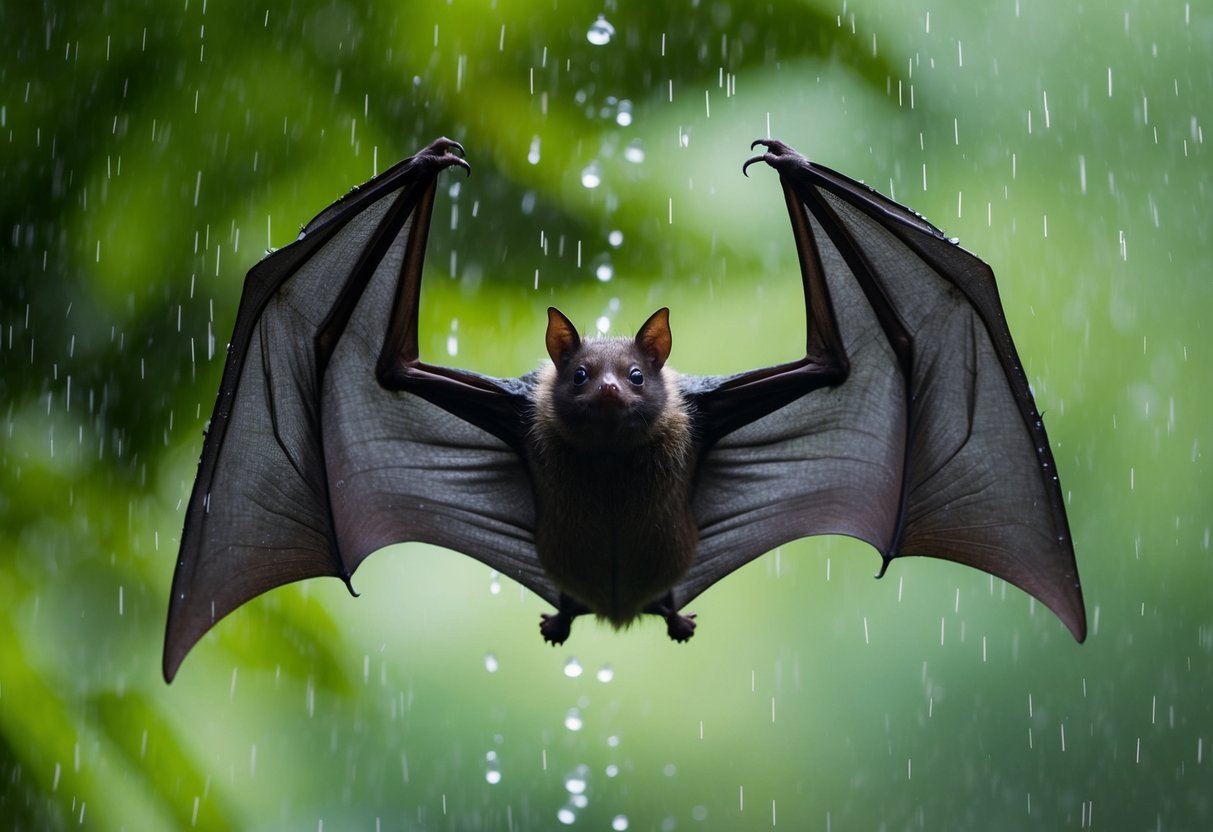 A bat hangs upside down, its wings spread wide as rain falls, causing its fur to become heavy and waterlogged