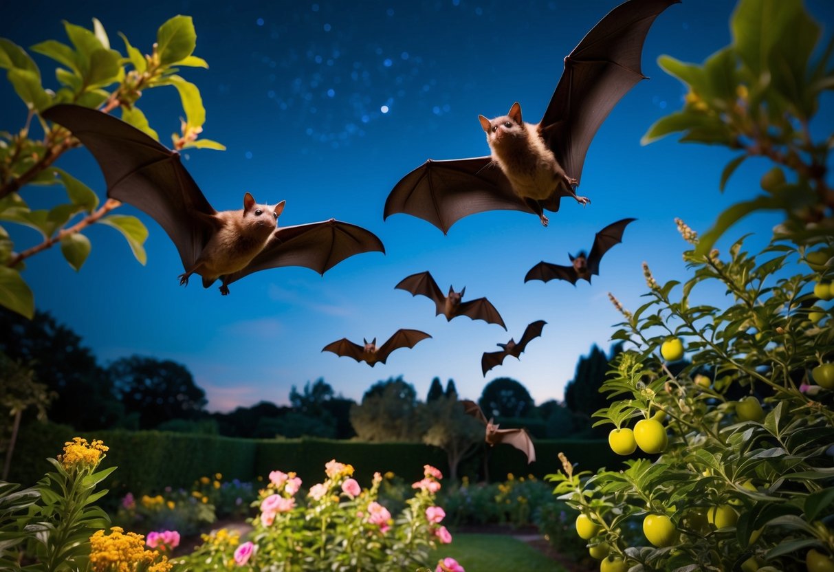 Bats fly over a garden at night, drawn to the abundance of insects attracted to the blooming flowers and fruit trees