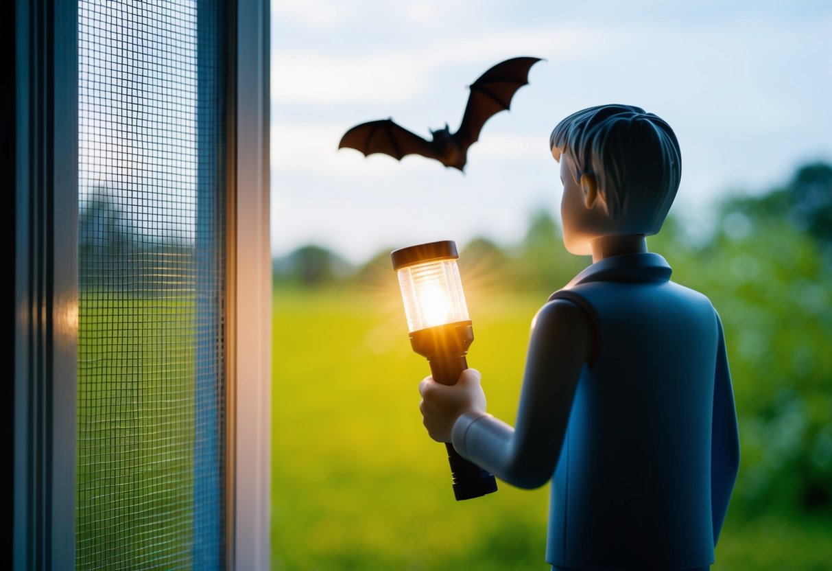 A figure holding a bright flashlight, standing near a closed window with a mesh screen, while a bat flies away in the distance