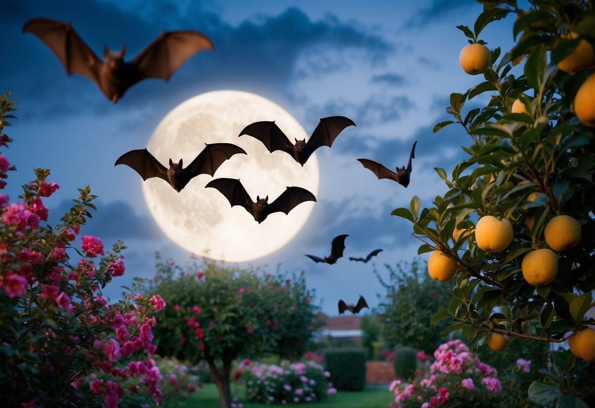 Bats flying among blooming flowers and fruit trees in a moonlit garden