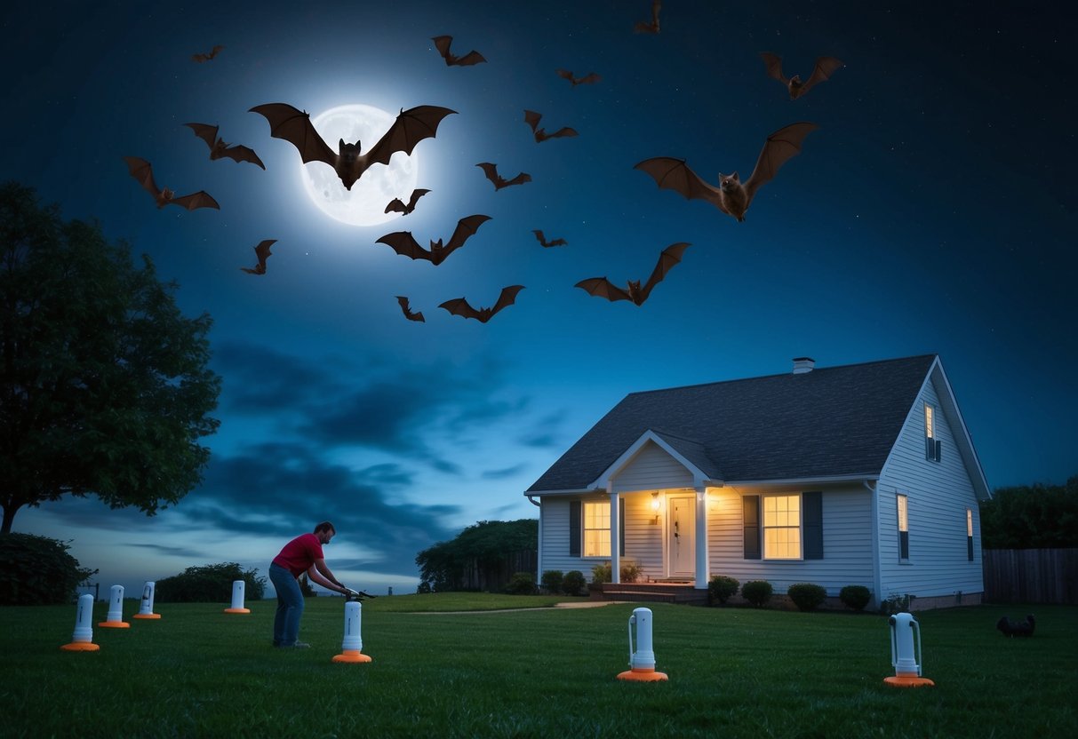 A dark night sky with bats flying towards a lit house, while a person sets up bat deterrents around the perimeter