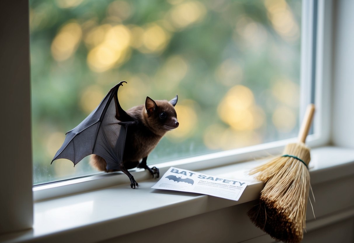 A bat perched on a window sill, with a pamphlet on bat safety and a broom nearby