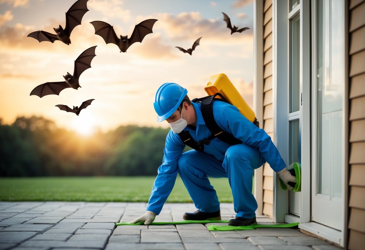 A person wearing protective gear seals off entry points to a house while bats fly away in the distance
