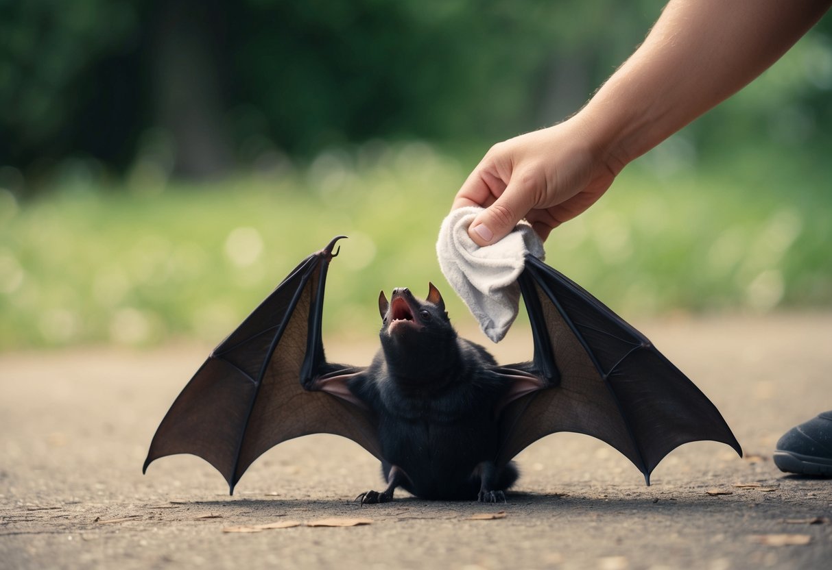 A bat lies on the ground, wings outstretched. A person gently lifts it with a cloth and places it on a tree branch