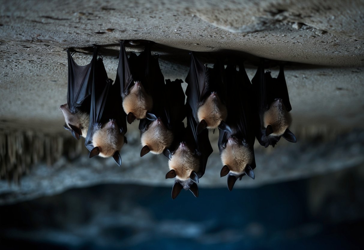 Bats roosting in a dark, secluded cave, hanging upside down from the ceiling in a cluster