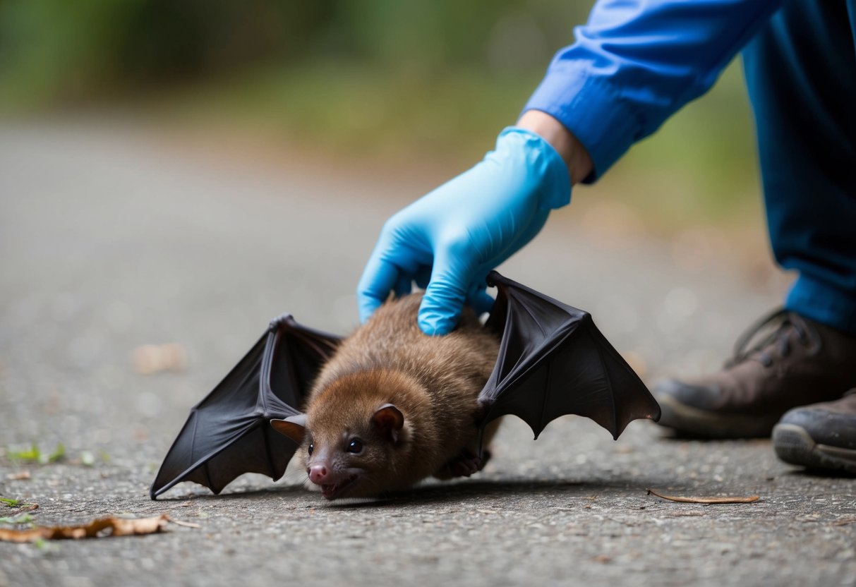 A bat lies on the ground, injured. A rescuer gently picks it up and places it in a safe, quiet location for recovery