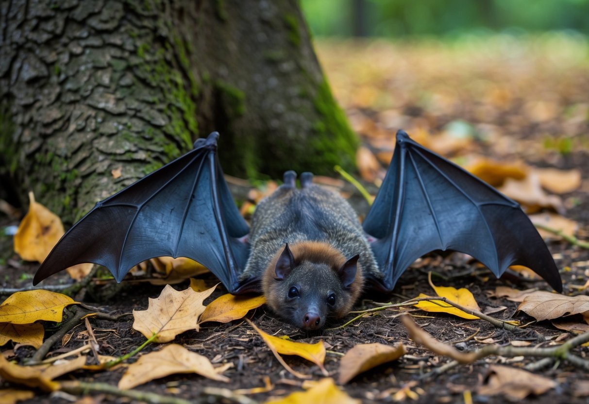 A dead bat lies on the ground near a tree, surrounded by scattered leaves and twigs. Its wings are spread out and its eyes are closed