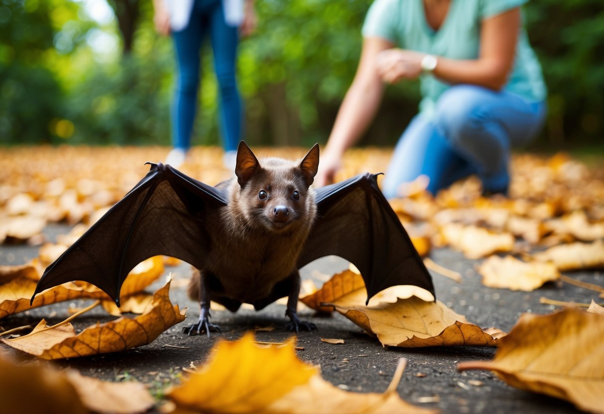 A bat on the ground surrounded by fallen leaves, with a concerned person standing nearby looking for ways to help
