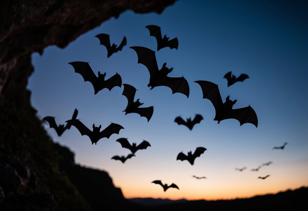A group of bats flying out of a cave at dusk, silhouetted against the darkening sky