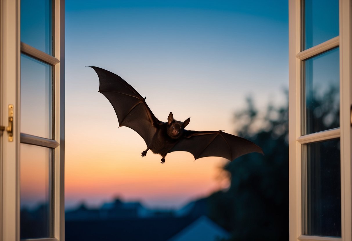 A bat flying out of an open window at dusk