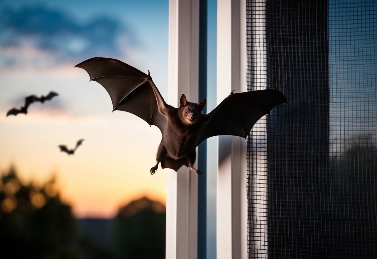 A bat flying out of an open window at dusk, while a mesh screen covers the window to prevent re-entry