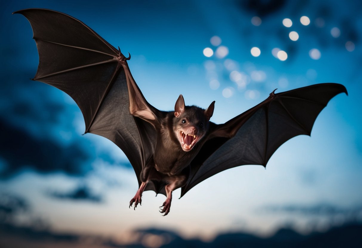 A bat swoops down from the night sky, its wings outstretched and fangs bared, ready to strike its prey