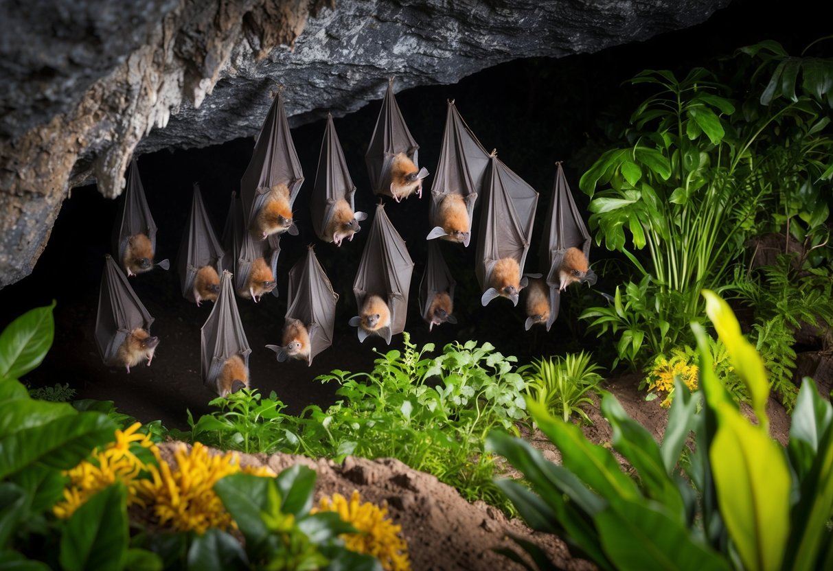 A bat colony peacefully roosts in a cave near a diverse ecosystem, surrounded by lush vegetation and various wildlife