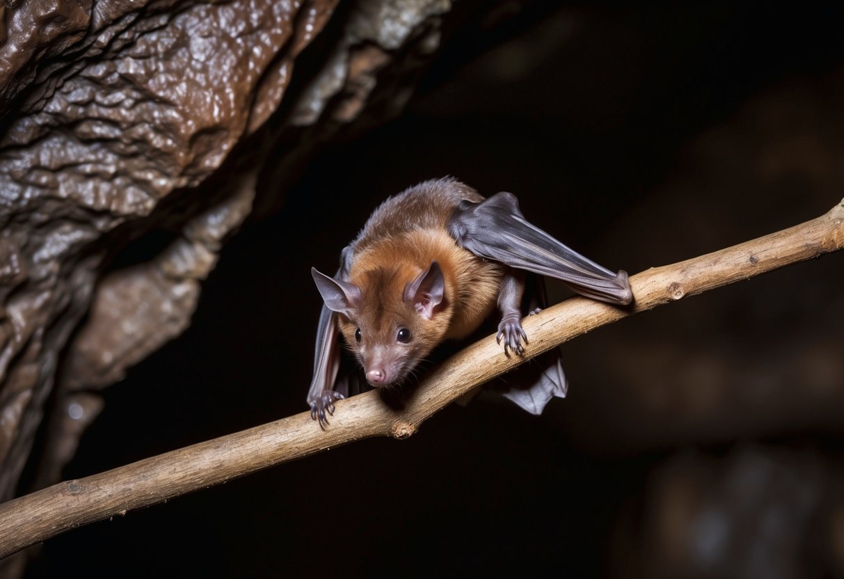 A bat resting on a branch in a dimly lit cave